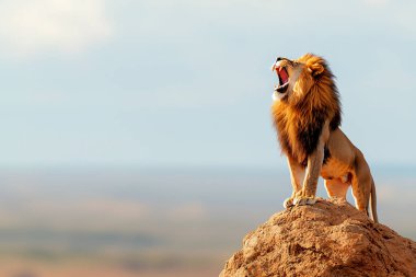 A majestic lion stands on a rock, roaring as it surveys its vast territory. The stunning landscape in the background creates a dramatic scene of wildlife in its natural habitat. clipart