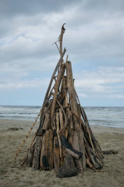 Mendihuaca sahilinde, Kolombiya 'da bir çadır yığını. Yüksek kalite fotoğraf