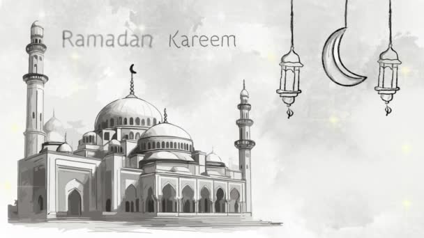 Ramadan Kareem Animación Con Luna Linterna Mezquita — Vídeo de stock
