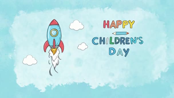 Animacja Rakietowa Przestrzenią Kopiowania Tittle Kredytowa Szczęśliwego Dnia Dla Dzieci — Wideo stockowe