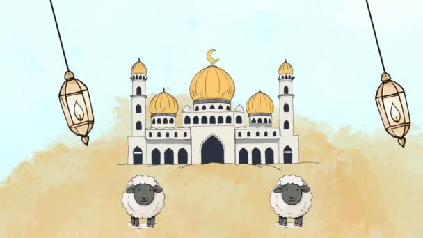 Mezquita Eid Adha Con Animación Cabra Espacio Para Copiar — Vídeos de Stock