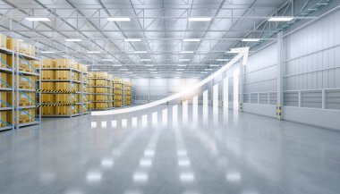 Artan grafiği olan 3D depolama veya dağıtım merkezi. Depolama ve nakliye sistemi, rafta kutu paketi, boş alan ve beton zemin. Büyüme, üretkenlik, fayda kavramı.