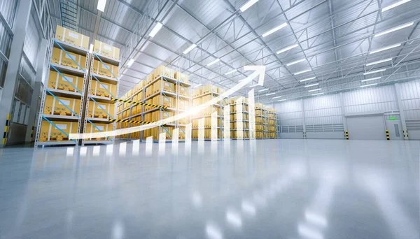 3d rendering of warehouse or distribution center with increase graph. Storage and shipping system with box package on shelf, empty space and concrete floor. Concept for growth, productivity, benefits.