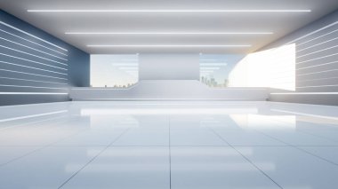 Geleceğe dönük sergi salonu, uzay gemisi, salon ya da stüdyo içinde üç boyutlu bir boşluk oluşturuldu. Tavan, gizli ışık, beyaz döşeme. Geleceğin modern arka plan tasarımı, teknoloji.