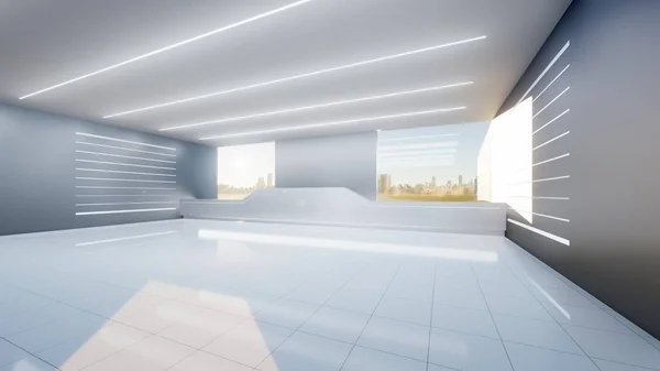 stock image 3d rendering of empty space inside futuristic showroom, spaceship, hall or studio in perspective view. Include ceiling, hidden light, white tile floor. Modern background design of future, technology.