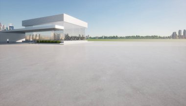 Üç boyutlu beton döşeme, açık havada boş alan. Sergi salonu, dükkan ya da mağazanın dışındaki bulanık modern binaları da içerir. Gökyüzü ile arkaplan tasarımı, otomobil ürünü görüntüleme için şehir.