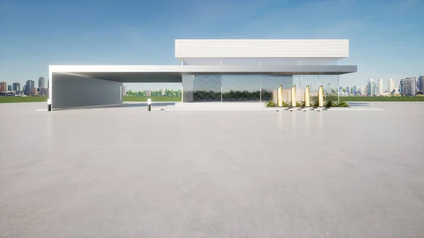 3d rendering of concrete floor, empty space at outdoor. Include blur modern building exterior of showroom, shop or store. Background design with sky, city for auto car product display.