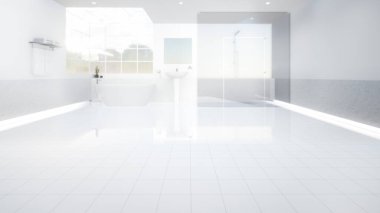 Beyaz fayans döşemesi, dokusu ve deseni üç boyutlu. Modern iç tasarım ve banyo dekorasyonu perspektifte duş odası. Boş alan, parlak, parlak, yansıma yüzeyi ve ürün görüntüleme arkaplanı için temiz.