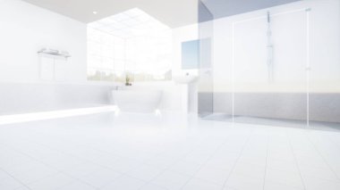 Beyaz fayans döşemesi, dokusu ve deseni üç boyutlu. Modern iç tasarım ve banyo dekorasyonu perspektifte duş odası. Boş alan, parlak, parlak, yansıma yüzeyi ve ürün görüntüleme arkaplanı için temiz.