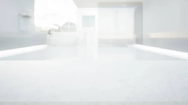 三维渲染白色大理石台面或台面与模糊浴室或淋浴房 现代室内设计的透视 表面有岩石或石材纹理图案的空空间 用于产品显示背景 — 图库照片