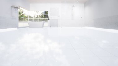 Izgara çizgisi, dokusu ya da deseni olan üç boyutlu döşeme. Modern banyo tasarımı, perspektif manzaralı duş odası. Boş alan, temiz, parlak, parlak yüzey, ürün arkaplanı için kazançtan gelen ışık yansıması.