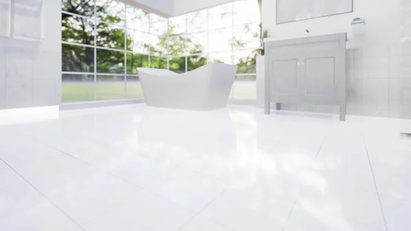 グリッド線 テクスチャやパターンを持つ白いタイルの床の3Dレンダリング 近代的なバスルームのインテリアデザイン パースペクティブでシャワールーム 空のスペース クリーンで明るく光沢のある表面 製品表示の背景のための窓からの光で反射 — ストック写真