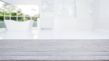 3 boyutlu ahşap tezgah, masa üstü ya da tezgah bulanık banyo ya da duş odası. Bakış açısına göre modern iç tasarım. Ürün arkaplanı için yüzeyde ahşap desenli boş boşluk.