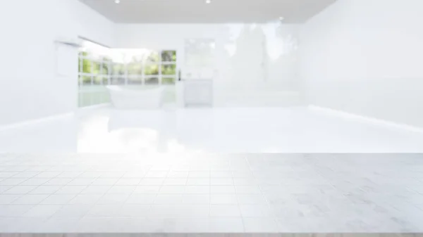 Beyaz Mozaik Tezgahı Bulanık Banyosu Duşu Olan Bir Tezgah Bakış — Stok fotoğraf