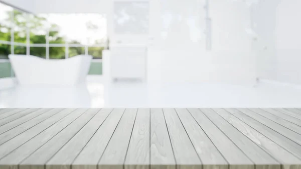 Rendering Von Holztheke Tischplatte Oder Arbeitsplatte Mit Unscharfem Badezimmer Oder — Stockfoto