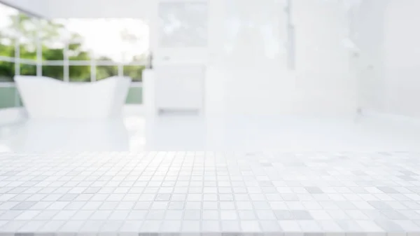 Rendering Von Weißen Mosaik Theke Oder Arbeitsplatte Mit Unschärfe Badezimmer — Stockfoto