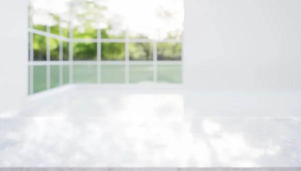 Візуалізація Лічильника Білого Мармуру Включіть Розмиту Порожню Кімнату Світло Вікна — стокове фото