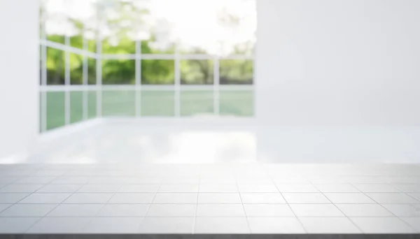 Rendering White Tile Counter Include Blur Empty Room Light Window — Stock Photo, Image