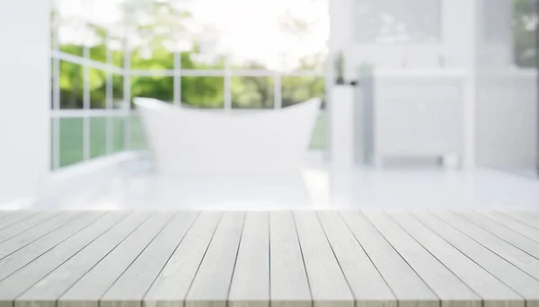 Rendering Der Ahornholztheke Tischplatte Oder Arbeitsplatte Mit Unscharfem Badezimmer Oder — Stockfoto