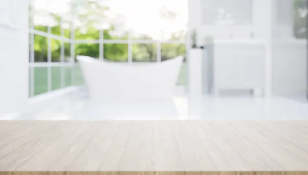 Rendering Maple Wood Counter Table Top Countertop Blur Bathroom Shower — Stock Photo, Image