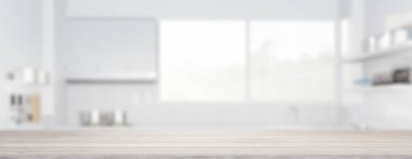 3 boyutlu ahşap tezgah, masa üstü. Bulanık mutfak ve pencerenin ışığını da dahil et. Bakış açısıyla modern iç tasarım. Arkaplan için yüzeyde ahşap desenli boş boşluk.