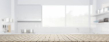 3 boyutlu ahşap tezgah, masa üstü. Bulanık mutfak ve pencerenin ışığını da dahil et. Bakış açısıyla modern iç tasarım. Arkaplan için yüzeyde ahşap desenli boş boşluk.