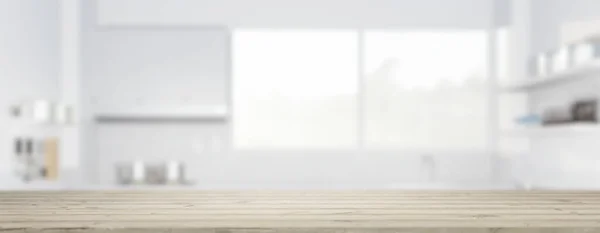 Boyutlu Ahşap Tezgah Masa Üstü Bulanık Mutfak Pencerenin Işığını Dahil — Stok fotoğraf