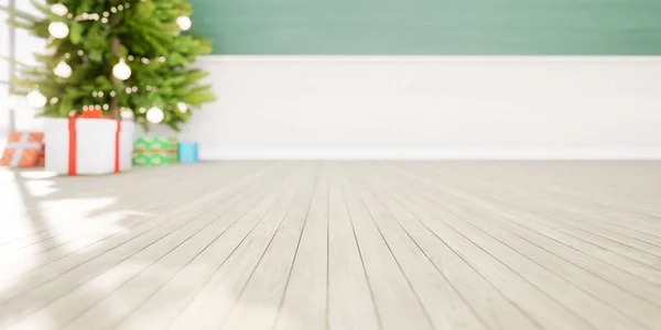 3d rendering of empty classroom consist of wood floor, board or chalkboard, christmas tree and gift for teacher and student to teach, study and celebration. Background for education, christmas.