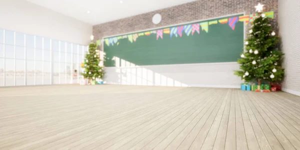 空の教室の3Dレンダリングは 木製の床 ボードや黒板 クリスマスツリーや教師や学生のための贈り物を教えるために 研究やお祝いで構成されています クリスマスの背景 — ストック写真