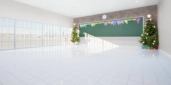 空の教室の3Dレンダリングは 白いタイルの床 ボードや黒板 クリスマスツリーや教師や学生のための贈り物を教えるために 研究やお祝いで構成されています クリスマスの背景 — ストック写真