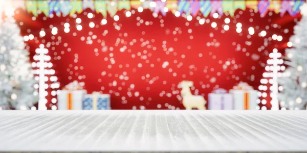 3d rendering of empty space on wood counter or top table. Include blur light bokeh, white snowfall, red wall, christmas tree and gift for background concept of celebration, xmas and happy new year.