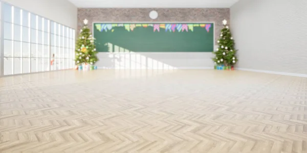 空の教室の3Dレンダリングは 教師のための寄木細工の木の床 ボードや黒板 クリスマスツリーや贈り物で構成され 学生が教えるために 勉強やお祝い クリスマスの背景 — ストック写真