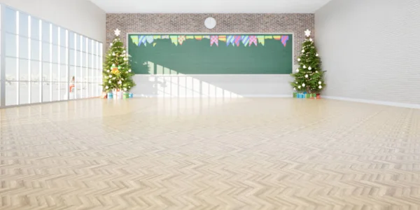 空の教室の3Dレンダリングは 教師のための寄木細工の木の床 ボードや黒板 クリスマスツリーや贈り物で構成され 学生が教えるために 勉強やお祝い クリスマスの背景 — ストック写真