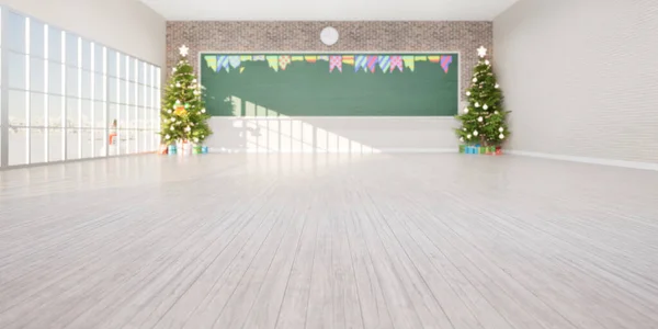空の教室の3Dレンダリングは メイプルウッドフロア ボードや黒板 クリスマスツリーや教師や学生のための贈り物を教えるために 研究やお祝いで構成されています クリスマスの背景 — ストック写真