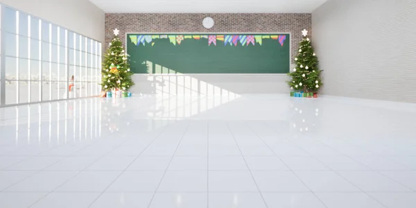 空の教室の3Dレンダリングは 白いタイルの床 ボードや黒板 クリスマスツリーや教師や学生のための贈り物を教えるために 研究やお祝いで構成されています クリスマスの背景 — ストック写真