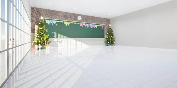 空房间的三维渲染由白色瓷砖地板 木板或黑板 圣诞树和师生教学 学习和庆祝的礼物组成 教育背景 圣诞节 — 图库照片