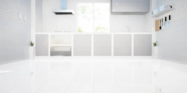 キッチンルームの3Dレンダリング 白いタイルの床 キャビネット カウンターシンクと煙フードでクリアガラスによるインテリア装飾 製品の表示や背景のための緑の自然と空のスペースを含める — ストック写真