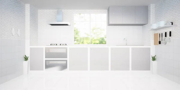Renderização Sala Cozinha Decoração Interiores Por Piso Azulejo Branco Vidro — Fotografia de Stock
