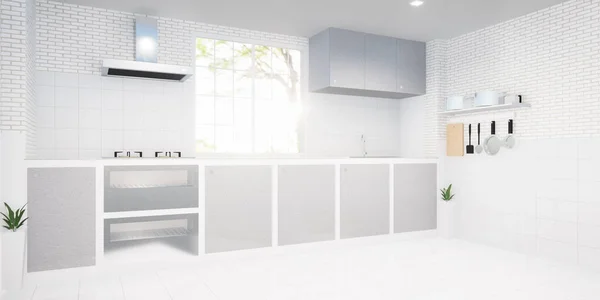 キッチンルームの3Dレンダリング 白いタイルの床 キャビネット カウンターシンクと煙フードでクリアガラスによるインテリア装飾 製品の表示や背景のための緑の自然と空のスペースを含める — ストック写真