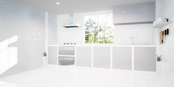 厨房房间的3D渲染 室内装修由白色瓷砖地板 透明玻璃窗户 柜台和烟幕组成 包含绿色的性质和用于产品展示或背景的空空间 — 图库照片
