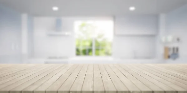 Rendering Von Holztheke Tischplatte Dazu Gehören Verschwommene Küche Licht Aus — Stockfoto
