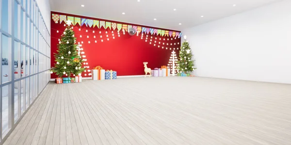 Vykreslování Prázdného Prostoru Místnosti Interiérové Dekorace Dřevěné Podlahy Vánoční Stromeček — Stock fotografie