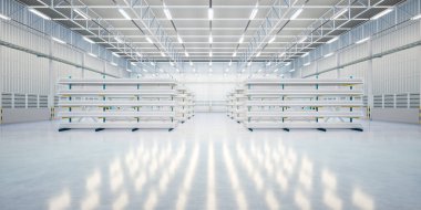 3D çelik boru yapımı, büyük depo binası, fabrika veya mağaza içinde sıra sıra beton ve raf çelik üretim endüstrisi ve imalat için ürün gösterimi arka planı. 