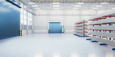 3D çelik boru yapımı, büyük depo binası, fabrika veya mağaza içinde sıra sıra beton ve raf çelik üretim endüstrisi ve imalat için ürün gösterimi arka planı. 