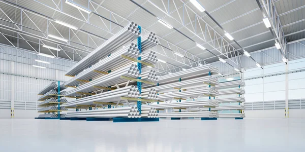 Rendering Steel Pipe Product Row Shelf Concrete Floor Large Warehouse — Stock Photo, Image