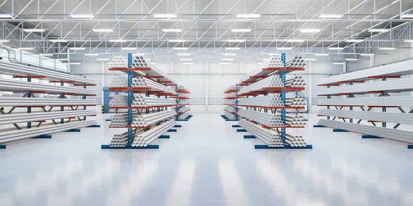 stock image 3d rendering of steel pipe product, row of shelf and concrete floor inside large warehouse building, factory or store. Concept of metallurgy industry, steel production, engineering and manufacturing. 