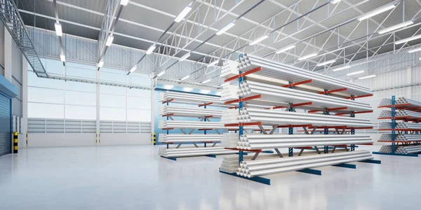 Rendering Steel Pipe Product Row Shelf Concrete Floor Large Warehouse — Stock Photo, Image