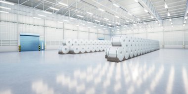 3D rulo çelik, paslanmaz çelik veya galvanize çelik bobin fabrika, depo veya depo binası. İnşaat için sıcak soğuk süreçten sanayi ürünü üretimi veya üretimi.