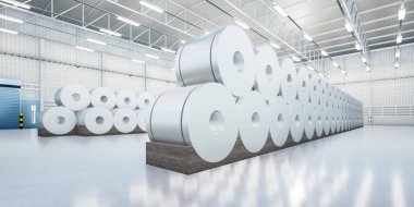 3D rulo çelik, paslanmaz çelik veya galvanize çelik bobin fabrika, depo veya depo binası. İnşaat için sıcak soğuk süreçten sanayi ürünü üretimi veya üretimi.