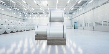 3D rulo çelik, paslanmaz çelik veya galvanize çelik bobin fabrika, depo veya depo binası. İnşaat için sıcak soğuk süreçten sanayi ürünü üretimi veya üretimi.